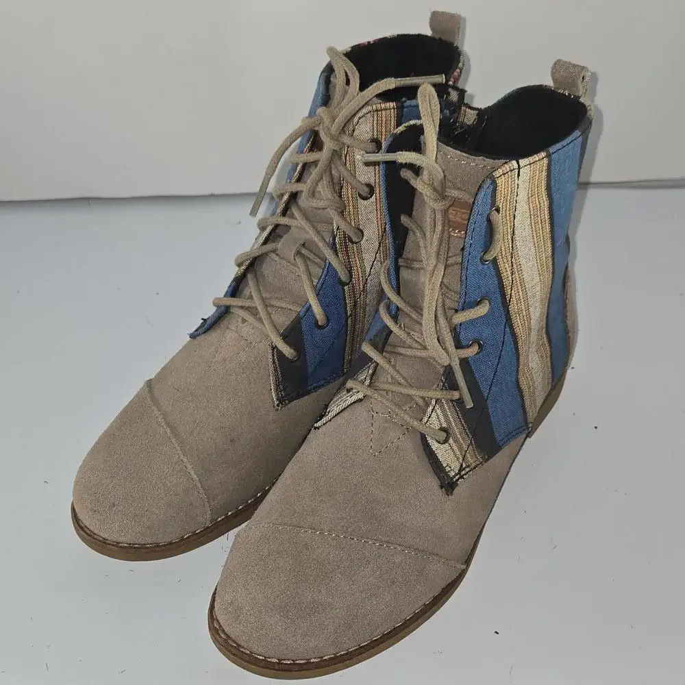 0202 TOMS Alpa Boots‎ Taupe Suede Leather Striped Colorful Women's Size 7.5W